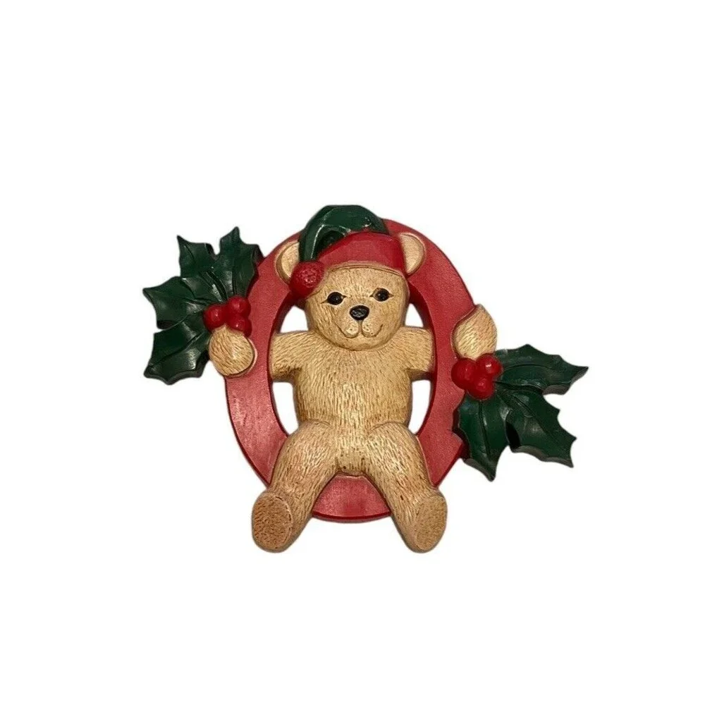 Homco Christmas JOY 3pc Teddy Bears Wall Hanging Decor Holly & Berries  7610 Vtg